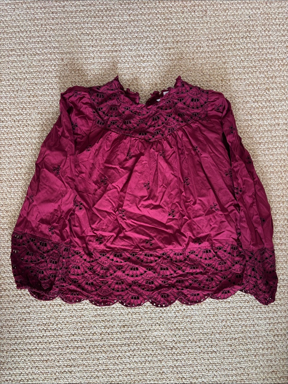 Time and Tru Burgundy Eyelet Crochet Yoke Blouse